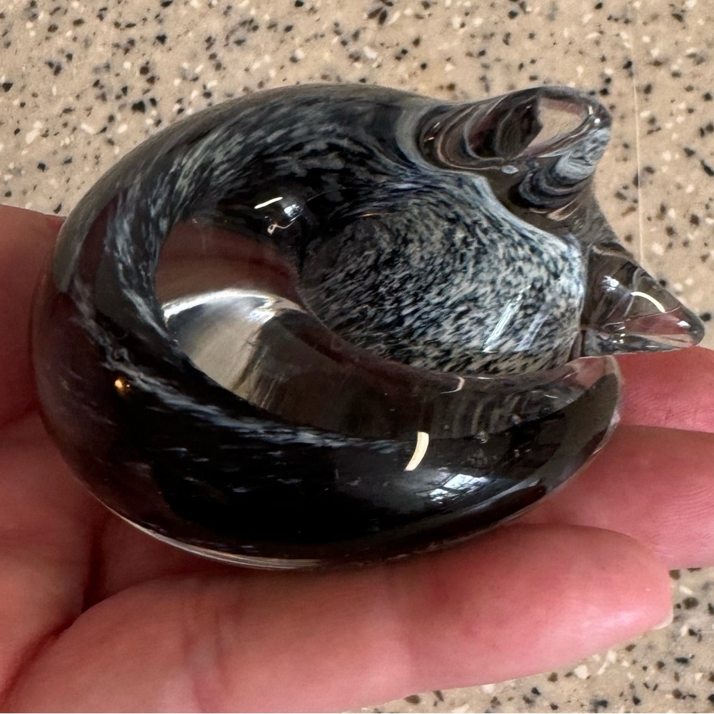 Sleeping Cat Signed Handmade art glass paper weight.No chips or cracks.